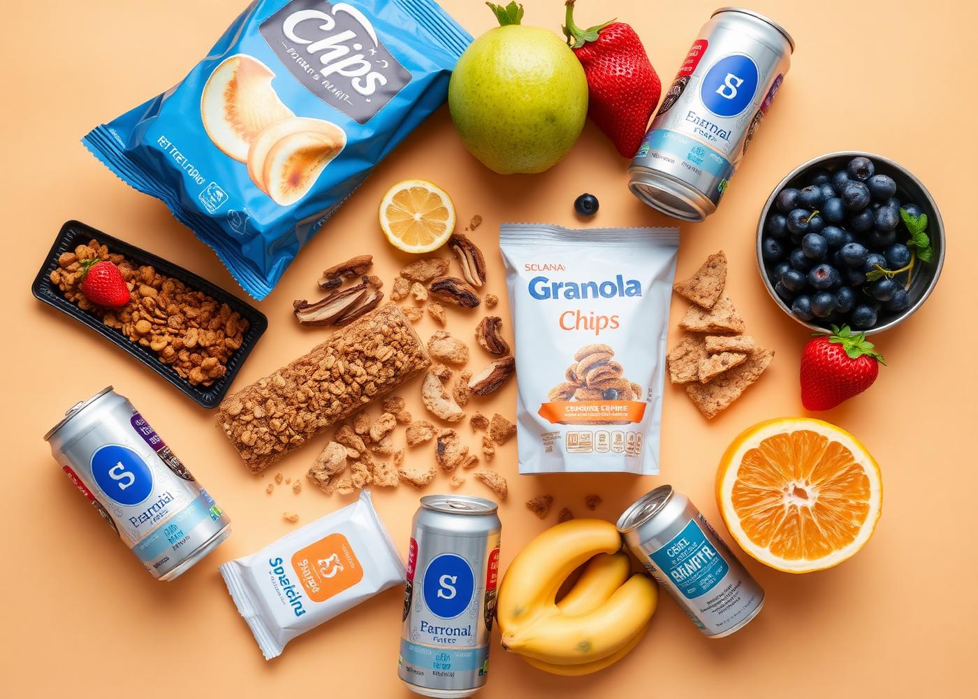 Assorted healthy snacks and drinks